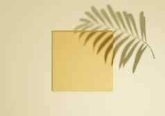 温暖的光明亮的柔和的黄色的渲染最小的简单的前视图平躺产品显示背景讲台上站棕榈叶影子自然产品