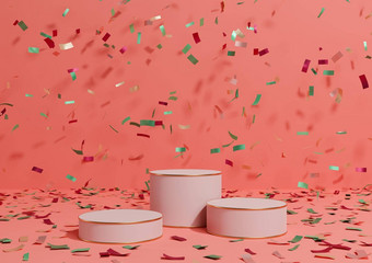 明亮的霓虹灯大马哈鱼粉红色的呈现产品显示领奖台站色彩斑斓的五彩纸屑庆祝活动周年纪念日广告金行奢侈品产品简单的最小的背景