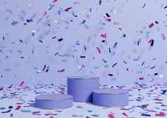 光柔和的蓝色的呈现产品显示领奖台站色彩斑斓的五彩纸屑庆祝活动周年纪念日广告金行奢侈品产品简单的最小的背景