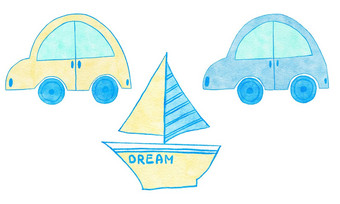 水彩手画插图<strong>蓝色</strong>的黄色的可爱的车汽车游艇运输男孩婴儿淋浴设计邀请问候聚会，派对托儿所<strong>剪纸</strong>艺术软pastelcolors现代极简主义打印孩子们孩子们