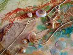 工艺品海洋主题贝壳海星绳子结海背景