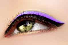 美丽的宏拍摄女绿色眼睛化妆完美的形状眉毛紫色的眼线笔化妆品化妆