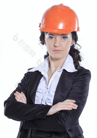 业务女人工程师<strong>红色</strong>的保护头盔孤立的白色背景
