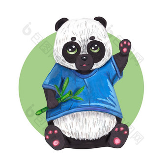 熊猫白色背景可爱的熊猫坐着吃竹子动物衣服中国人熊猫水粉画放荡不羁的森林画水彩图像完美的托儿所海报织物壁纸