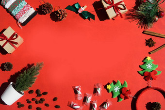 圣诞节背景圣诞节礼物糖果拐杖红色的平躺空间文本