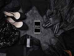 黑色的星期五出售时尚背景衣服平躺鞋子香味内衣电话提供商店概念