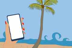 夏天出售网络横幅手持有聪明的电话海滩背景景观海沙子棕榈树季节折扣模板插图