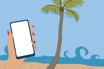 夏天出售网络横幅手持有聪明的电话海滩背景景观海沙子棕榈树季节折扣模板插图