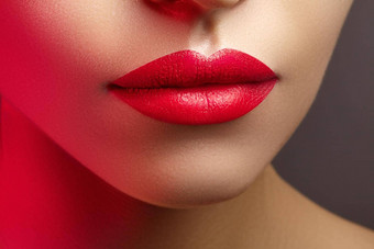 化妆品化妆明亮的口红嘴唇特写镜头美丽的女口红色的唇化妆清洁皮肤模型