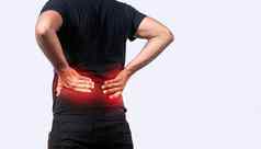 痛男人。回来疼痛男人。脊柱问题人回来问题孤立的背景腰椎问题概念
