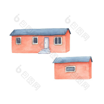 <strong>砖房子</strong>水彩集手画复古的红色的<strong>房子</strong>集合村古董房地产体系结构插图舒适的住宅图像白色背景