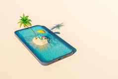 智能手机棕榈帆布躺椅海滨屏幕
