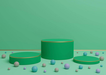明亮的绿松石绿色呈现讲台上站产品显示金行色彩斑斓的玻璃球产品演讲背景奢侈品产品有趣的糖果