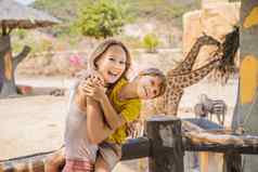 快乐妈妈。儿子看喂养长颈鹿动物园快乐家庭有趣的动物Safari公园温暖的夏天一天