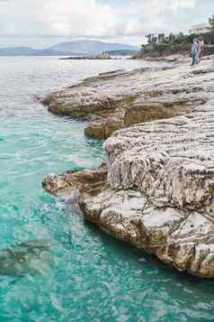 视图多石的海岸爱奥尼亚海岛屿科孚岛