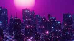 赛博朋克未来主义的霓虹灯摩天大楼网络朋克城市概念背景渲染