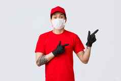 震惊了狂亚洲交付的家伙医疗面具保护手套红色的统一的指出手指说不出话来或快递红色的t恤帽焦虑显示