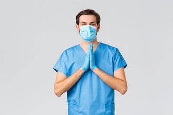 冠状病毒爆发医疗保健工人战斗疾病医院概念医生蓝色的实习医生风云医疗面具手套恳求护士乞讨支持