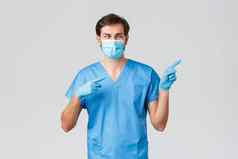 科维德医疗保健工人医院概念很高兴微笑医生医疗面具手套实习医生风云指出手指有趣的广告好促销信息