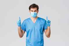 科维德医疗保健工人医院概念自信医生蓝色的实习医生风云医疗面具手套指出手指确定相机战斗冠状病毒治疗病人诊所