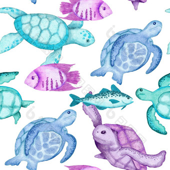 水彩手画无缝的模式水下海洋航海动物贝壳鱼紫色的蓝色的海马海藻水母海洋海夏天假期海滩背景绿松石织物打印