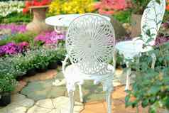白色金属椅子花花园公园