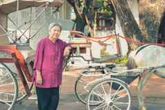 上了年纪的高级老女人马人力车服务旅游古董复古的亚洲三轮车