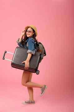女人背包客旅行者行李旅程旅行旅行工作室拍摄