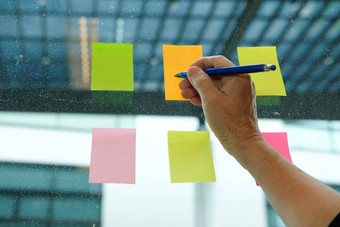 手写胶粘剂笔记玻璃墙黏糊糊的请注意纸提醒时间表讨论有创意的的想法业务头脑风暴