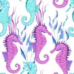 水彩手画无缝的模式水下海洋航海动物贝壳鱼紫色的蓝色的海马海藻水母海洋海夏天假期海滩背景绿松石织物打印