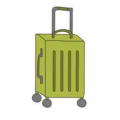 绿色手提箱旅行轮子卡通风格白色背景