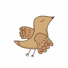 手绘向量插图棕色（的）可爱的鸟白色背景