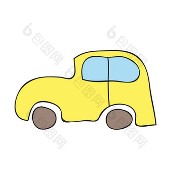 可爱的黄色的车孤立的白色背景<strong>图标</strong>手画风格