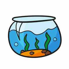 水族馆玻璃碗水卡通风格向量手画插图