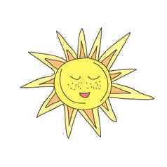 可爱的有趣的太阳字符向量手画太阳孤立的白色背景