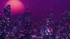 科幻城市景观晚上场景美妙的霓虹灯城市壁纸背景插图