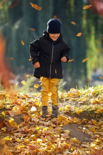 秋天微笑男孩肖像秋天黄色的叶子孩子羊毛他美丽的孩子公园户外温暖的服装10月季节