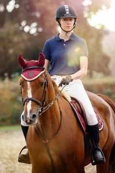肖像骑师女人骑手棕色（的）马概念广告马术俱乐部学校