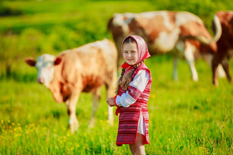 女孩放牧牛