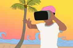 快乐孩子海滩眼镜卡通字符旅行棕榈树虚拟现实耳机