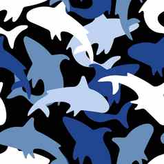 无缝的模式蓝色的白色鲨鱼轮廓