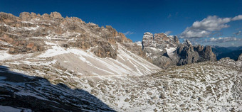 风景优美的视图白云石山脉覆盖雪塞克斯纳白云石南提洛尔山景观意大利阿尔卑斯山脉