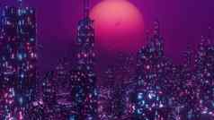 概念未来霓虹灯摩天大楼网络朋克城市横幅背景插图