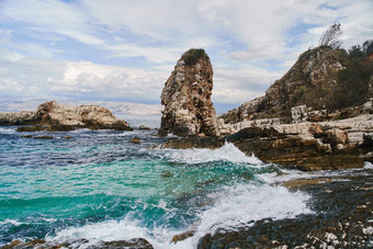 视图多石的海岸爱奥尼亚海岛屿科孚岛