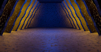 空未来主义的地下室机库走廊仓库俱乐部跳舞工作室展厅关注的焦点铜棕色（的）黄色的背景基座概念图形设计插图