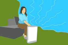 女人坐着空气净化器保湿霜设备沙发健康小气候首页概念插图