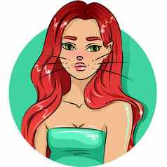 卡通风格基蒂女孩化身字符红色的头发