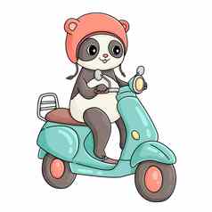 夏天熊猫蓝色的机动脚踏两用车粉红色的头盔