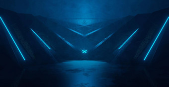 科幻外星人明亮的蓝色的停车地下车仓库车库工作室粗糙的现代反光宇宙<strong>飞船隧道</strong>走廊展示插图横幅背景壁纸呈现