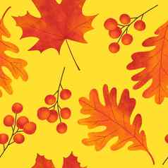 手画无缝的模式秋天秋天叶叶子浆果浆果枫木橡木橡子自然野生森林木林地背景红色的橙色黄色的古董织物打印